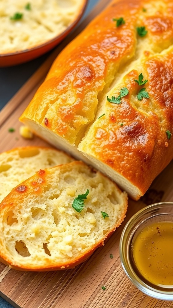 Homemade Garlic Bread from a Bread Machine A golden-brown loaf of garlic bread sliced and garnished with parsley on a wooden board with olive oil.